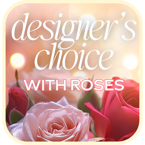 Designer\'s Choice with Roses in Glass Vase